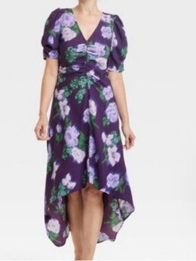 A New day Purple Floral V-Neck High-Low Dress with Puff Sleeves